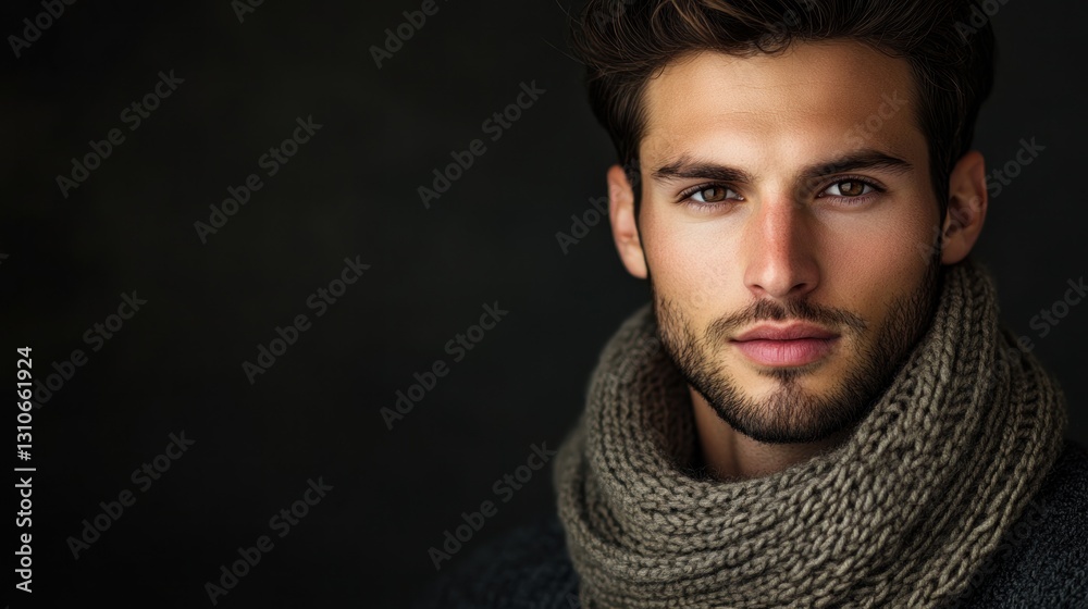 Naklejka premium Portrait of a man wearing a knitted scarf against a dark backdrop