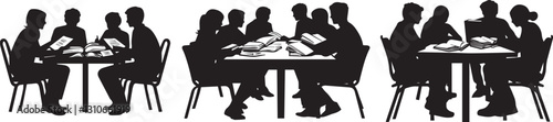 Silhouette of a group of friends sitting around a table doing exam preparation vector silhouette