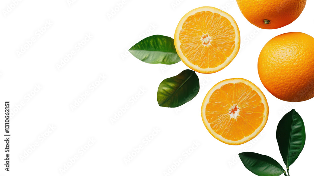 Fresh oranges with green leaves on a white background, ideal for healthy lifestyle concepts and citrus fruit visuals. Fresh oranges with green leaves on a white background, ideal for healthy lifestyle concepts and citrus fruit visuals.