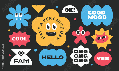 Groovy cartoon stickers, patch, label collection. Y2k style character geometric with gen z and millenials slang words.