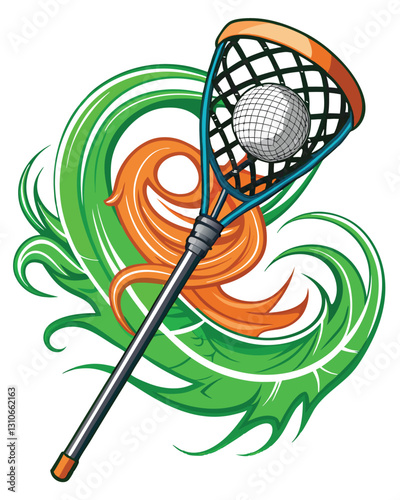 A lacrosse stick gracefully cradles a ball, a stylized 'G' swirling dynamically around them.  High-resolution, vibrant colors, sharp focus.