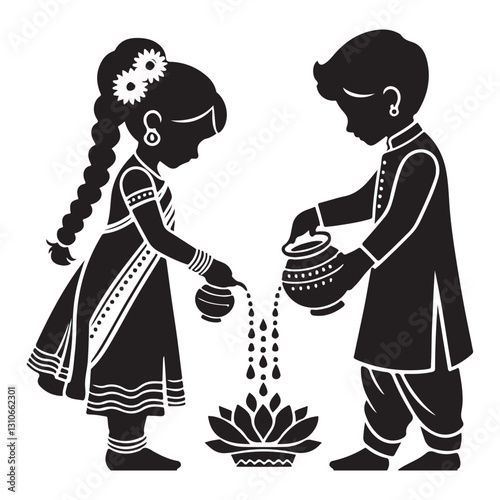 South Indian Children Offering Water to Lotus Silhouette Vector Art