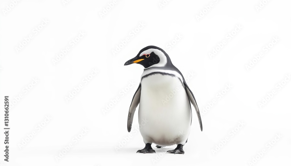 Fototapeta premium A single Gentoo penguin stands against a pure white background, animal photography, wildlife photography