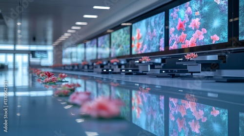 Wallpaper Mural Modern Digital Media Wall with AI Art  Screens  Flowers  and Copy Space Torontodigital.ca