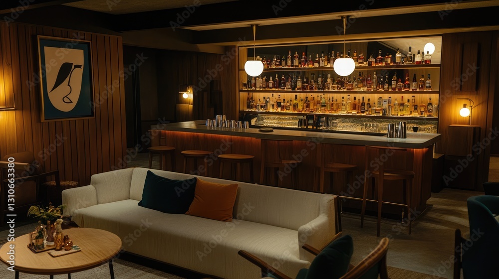 Obraz premium Intimate party bar setup with dim lighting, cozy seating, and a well-stocked table.