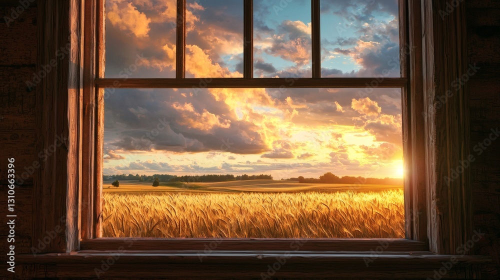 Serene View of Golden Wheat Field Through Rustic Window Frames Serene View of Golden Wheat Field Through Rustic Window Frames