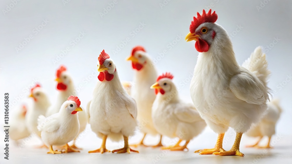 Fototapeta premium Miniature White Rooster and Hens, Farm Animals, Tilt-Shift Photography