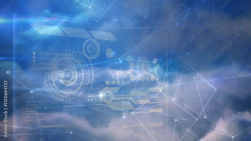 Animation of digital interface with futuristic graphics in sky above clouds Animation of digital interface with futuristic graphics in sky above clouds
