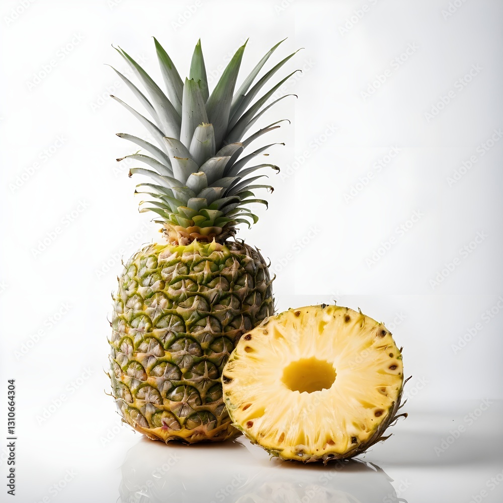 Whole and Sliced Pineapple on White Background Whole and Sliced Pineapple on White Background