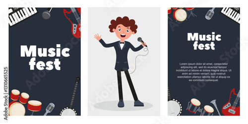 Music fest celebration with joyful performer and instruments in colorful design