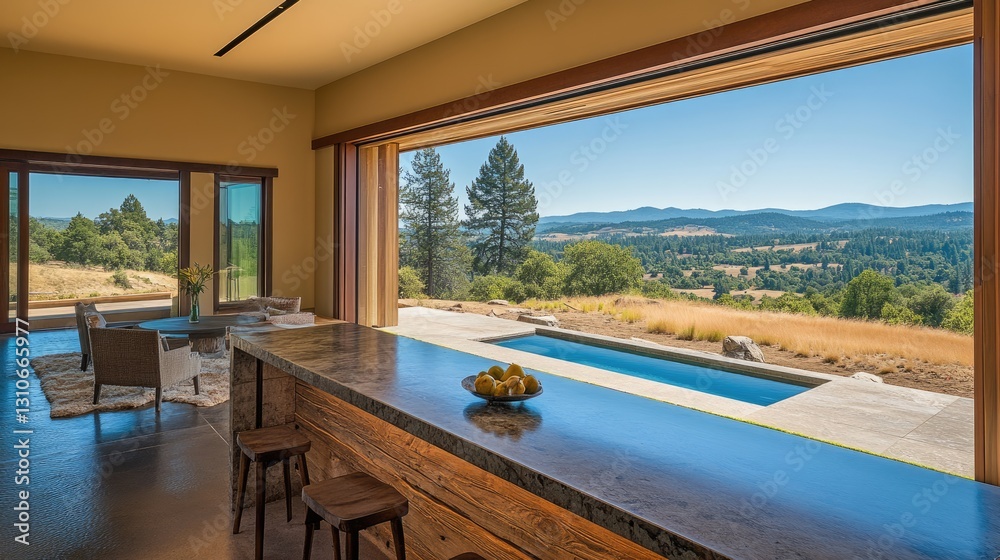 Fototapeta premium Modern bar table positioned by a large window with natural light and scenic views.