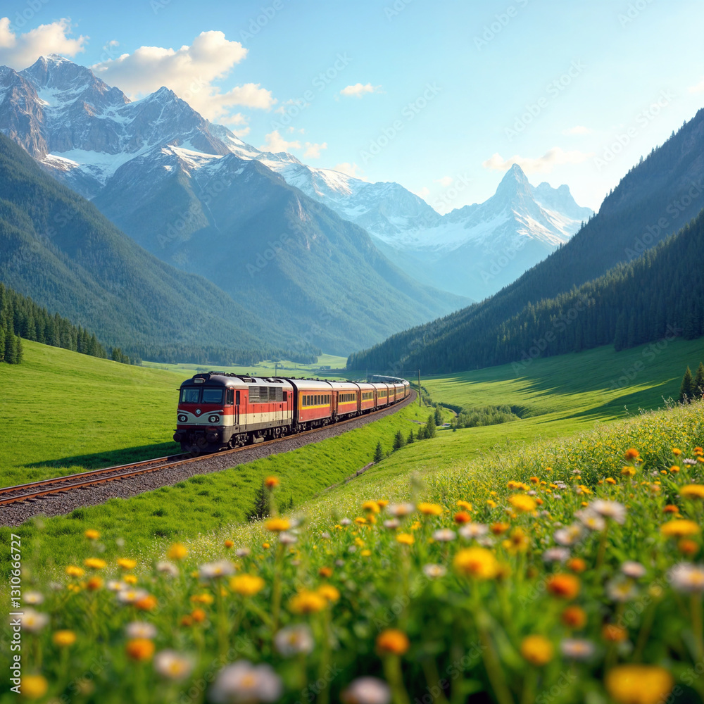 Scenic Train Journey through Alpine Valley with Mountain Views