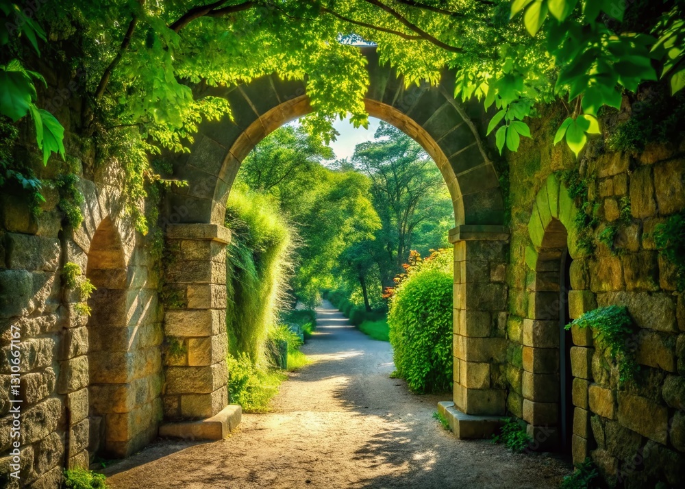 Obraz premium Minimalist Archway Leading to Lush Green Garden - Stock Photo