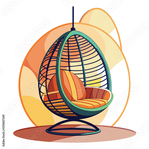 Render a striking image of a hanging egg chair, emphasizing bold, graphic lines and a detailed woven exterior texture.  Showcase its comfortable, suspended form.