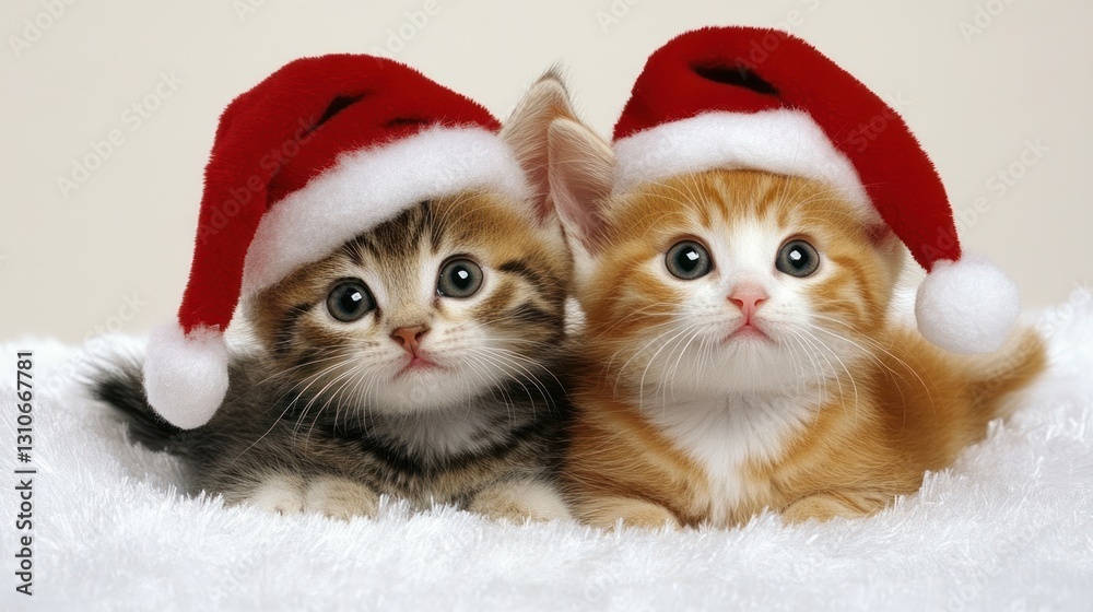 Two adorable kittens wearing festive red and white santa hats Two adorable kittens wearing festive red and white santa hats