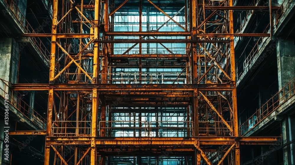 Dramatic Industrial Scene with Rusted Scaffolding Structures Dramatic Industrial Scene with Rusted Scaffolding Structures