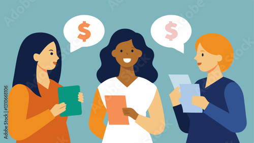 Networking Success A group of women in professional attire engaged in a friendly conversation at a networking event each holding up cards with financial symbols like stocks and