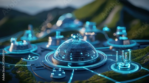 A solar farm with AR overlays showcasing energy production