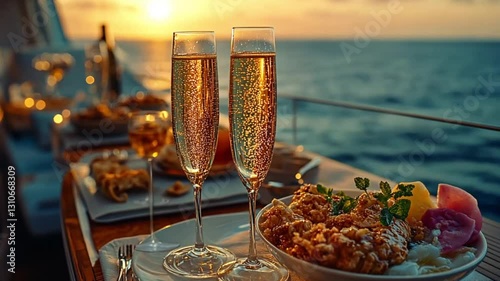 Sunset champagne toast on yacht deck. Romantic dinner