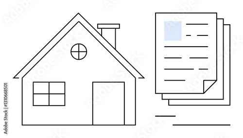 Simple house sketch beside stacked documents representing contracts, mortgages, reports. Ideal for real estate, housing, finance, property management, legal agreements documentation and loans. Flat
