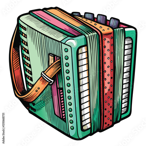 Design a realistic vector illustration of an accordion, showcasing its bellows, keys, and straps in meticulous detail.  Include subtle shading and highlights for a 3D effect.