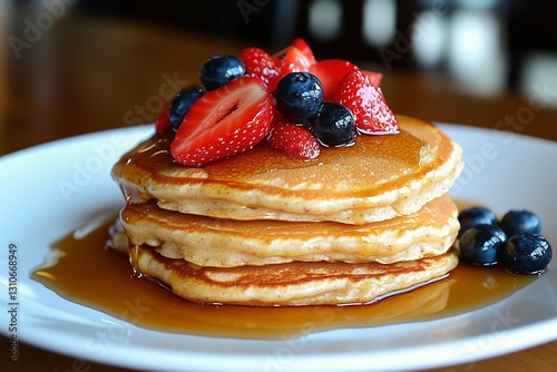 Close-up shot of a stack of pancakes with berries and honey on a white plate
