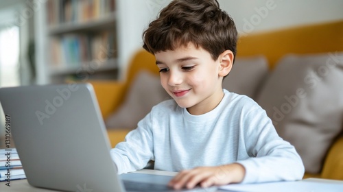 Happy Boy Using Laptop Computer Online Learning Education Technology Home