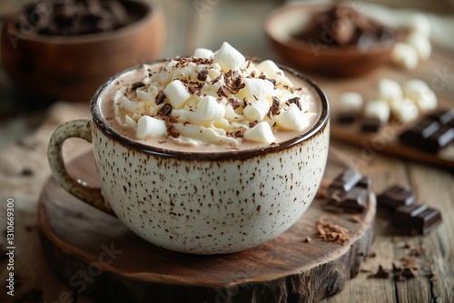 A close-up shot of a cup of hot cocoa with marshmallows placed on a wooden coaster