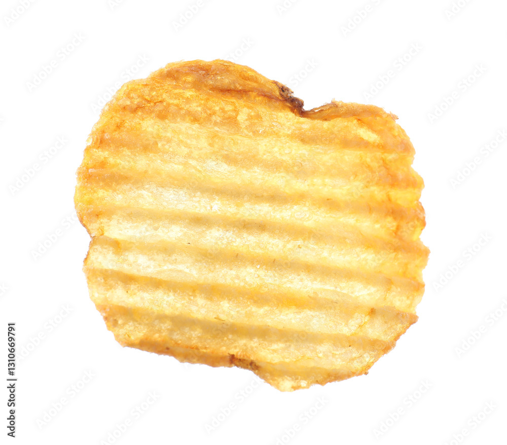 Fototapeta premium One tasty ridged potato chip in air isolated on white