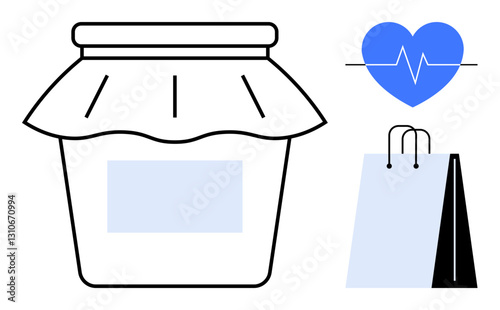 Glass jar with a fabric lid, blue heart with pulse line, paper shopping bag. Ideal for health, sustainability, eco-friendly living, wellness, homemade goods, conscious consumption and minimalism