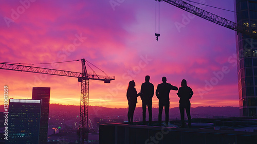 Silhouetted professionals observing a vibrant sunset over a city skyline with construction cranes