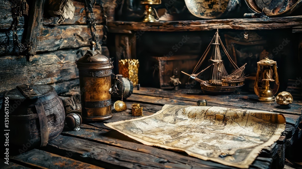 Dramatic Pirate Cove Interior with High Contrast and Old Artifacts Dramatic Pirate Cove Interior with High Contrast and Old Artifacts