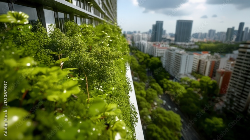 Fototapeta premium Lush Greenery Rooftop Garden Cityscape View Urban Nature Eco Friendly Building