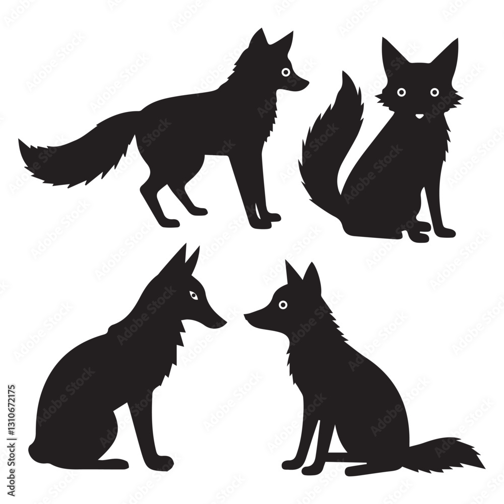 set of fox silhouettes on white background set of fox silhouettes on white background