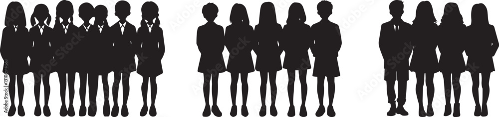 Silhouette set of friends in school uniforms vector silhouette Silhouette set of friends in school uniforms vector silhouette