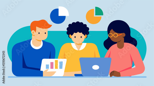 Investment Planning with Charts A diverse trio huddled around a desk cluttered with financial documents analyzing colorful graphs and charts deep in strategic investment planning.