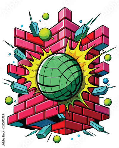 A vibrant dodgeball explodes through a wall constructed of glowing neon bricks, causing a colorful, chaotic fracture.