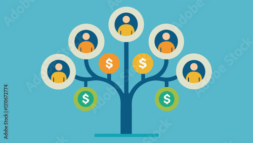 Lending Tree A stylized tree with branches shaped like dollar signs with individuals from different backgrounds exchanging money or documents under it representing growth through