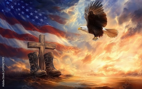 A powerful Memorial Day greeting card featuring an eagle soaring above a battlefield cross, with the U.S. flag and sunset in the background. A tribute to heroes.
