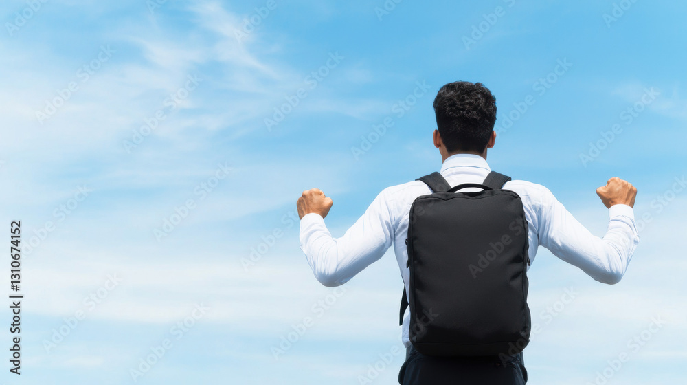 Man with a backpack enjoying freedom under a clear sky. Man with a backpack enjoying freedom under a clear sky.