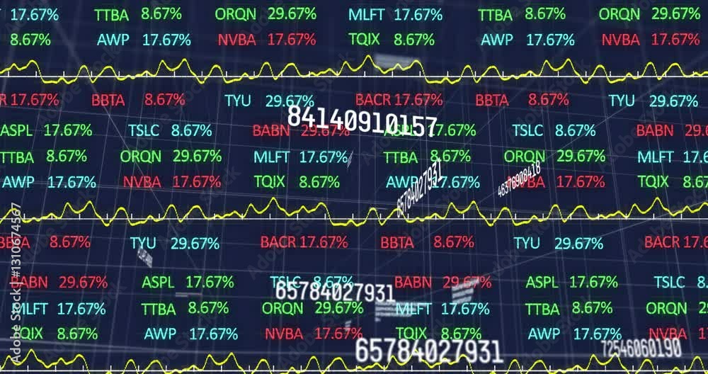 Fluctuating stock market graphs with ticker symbols showing financial data animation