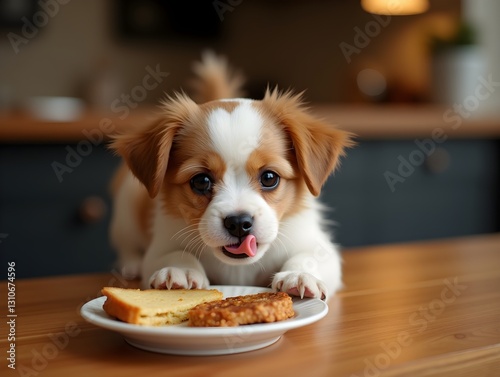 A small dog enjoying a meal on a wooden table, with a cozy background and soft lighting