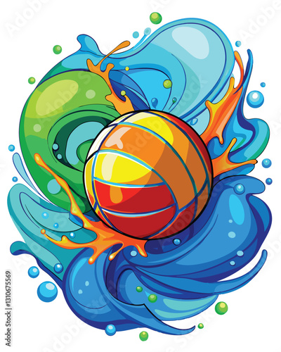 A vibrant, orange water polo ball bursts through a dynamic, splashing wave, creating a dynamic underwater scene.