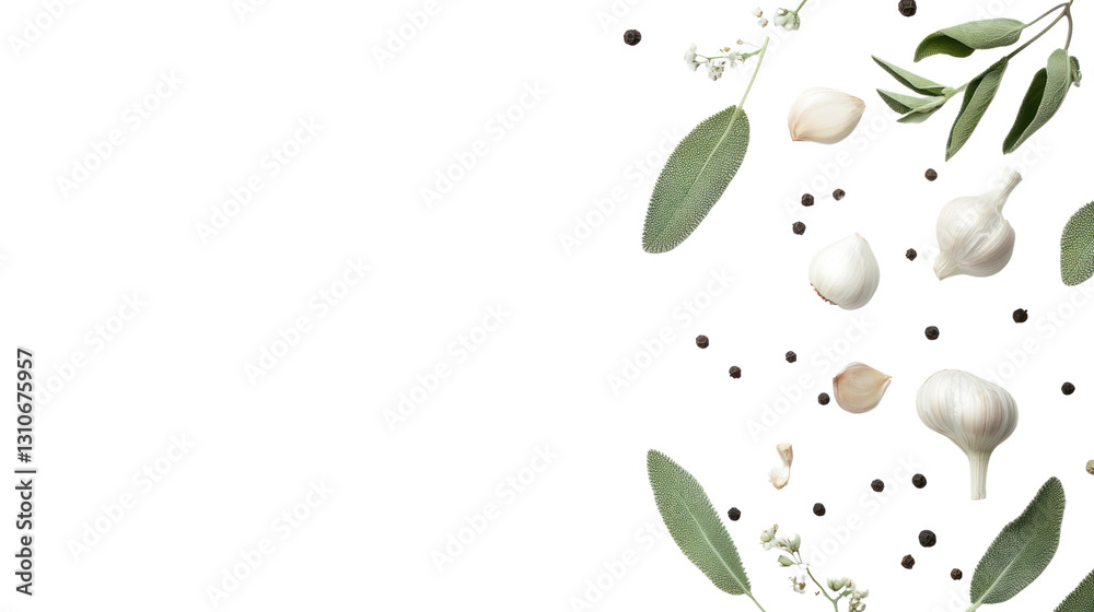 Naklejka premium Fresh herbs and garlic elements arranged artistically on a black background.