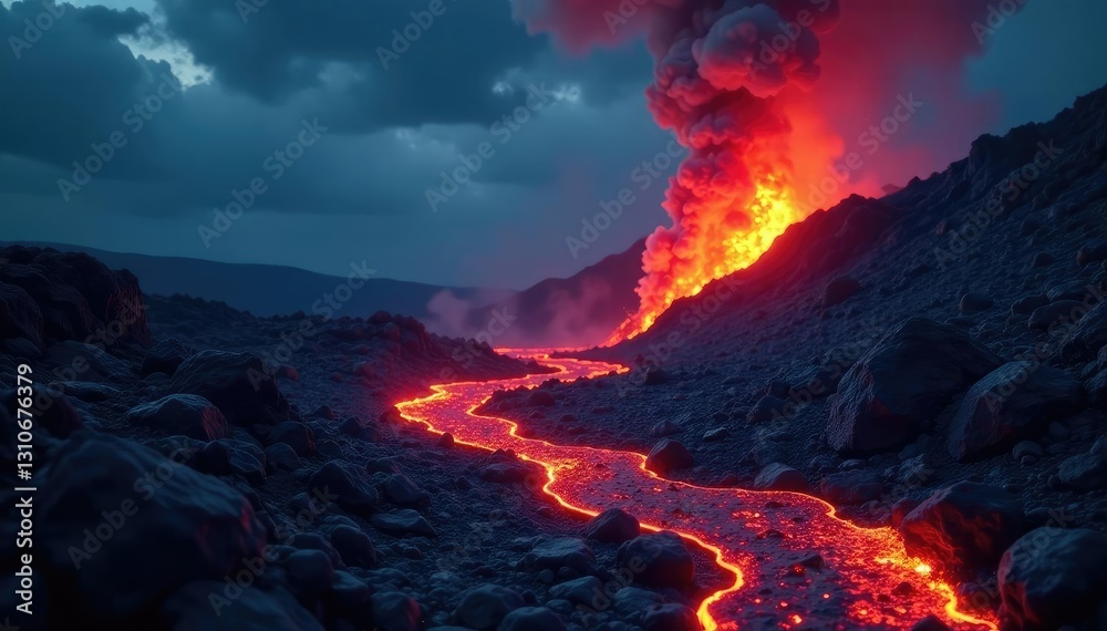 Fototapeta premium Dark lava flows with fiery glow, smoke ascends to the night sky, darkness, volcanic