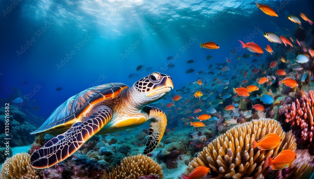 sea turtle surrounded by colorful fish underwater sea turtle surrounded by colorful fish underwater