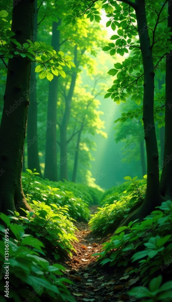 Obraz premium Dense foliage with green leaves and branches in a forest clearing, nature, forest, greenery