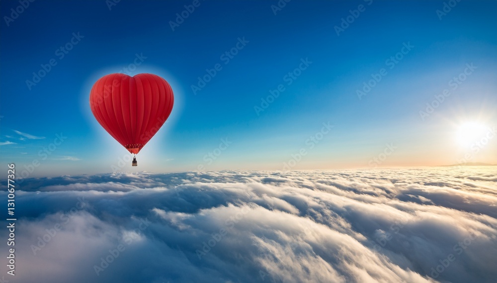 Fototapeta premium red heart shaped hot air balloon soaring above clouds