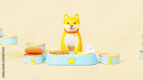 3d rendering pet dog and pet food animation