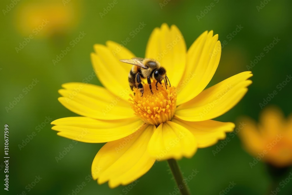 Bumblebee collecting nectar from a yellow flower, petals, wildlife Bumblebee collecting nectar from a yellow flower, petals, wildlife